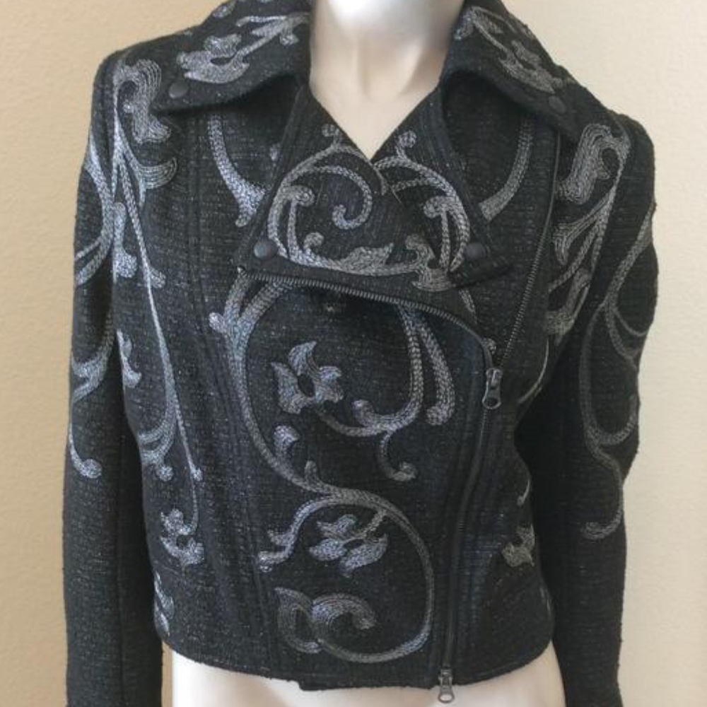 Marchesa Voyage Black Embroidered Moto Jacket